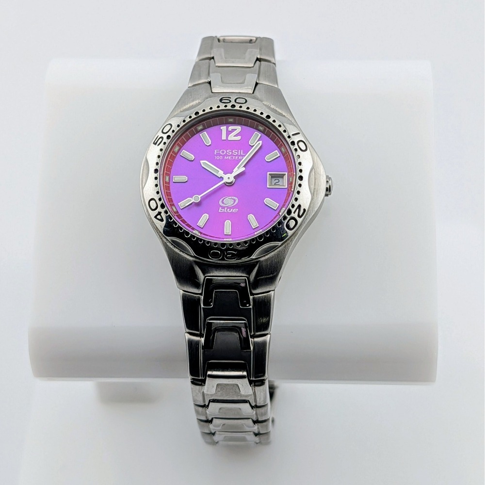 Fossil Blue AM-3529 Women's Pink Sunburst Dial 100M Stainless Steel Watch 7" Y2K